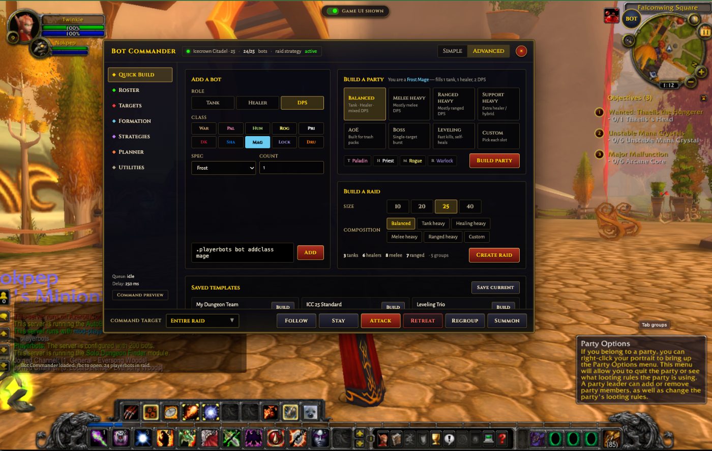 ForgeWoWBot Bot Commander: build a bot, build a party, build a 25-bot raid, in-game