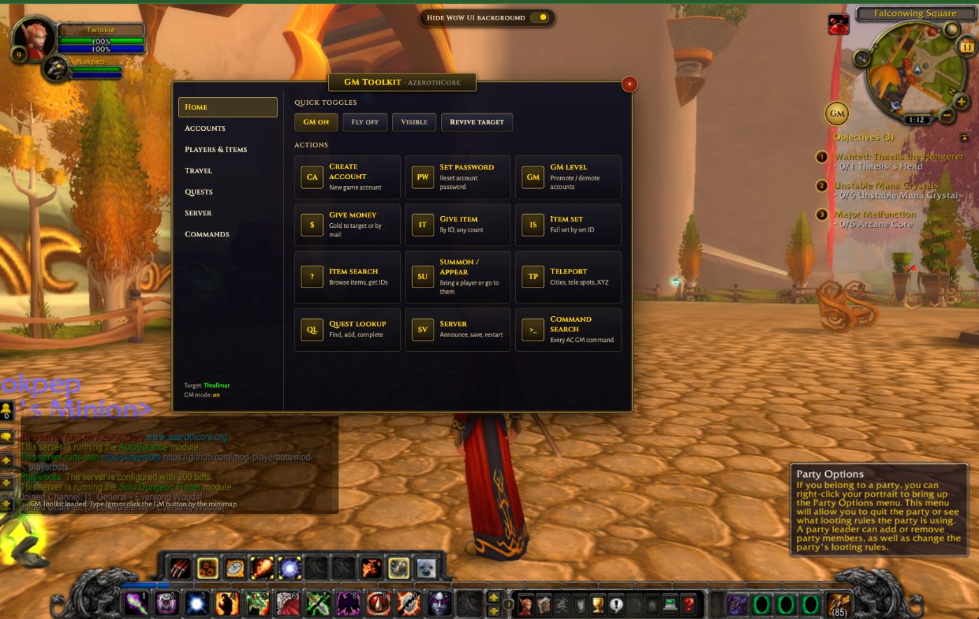ForgeWoWGM GM Toolkit: accounts, items, travel, quests, and server control from inside the game